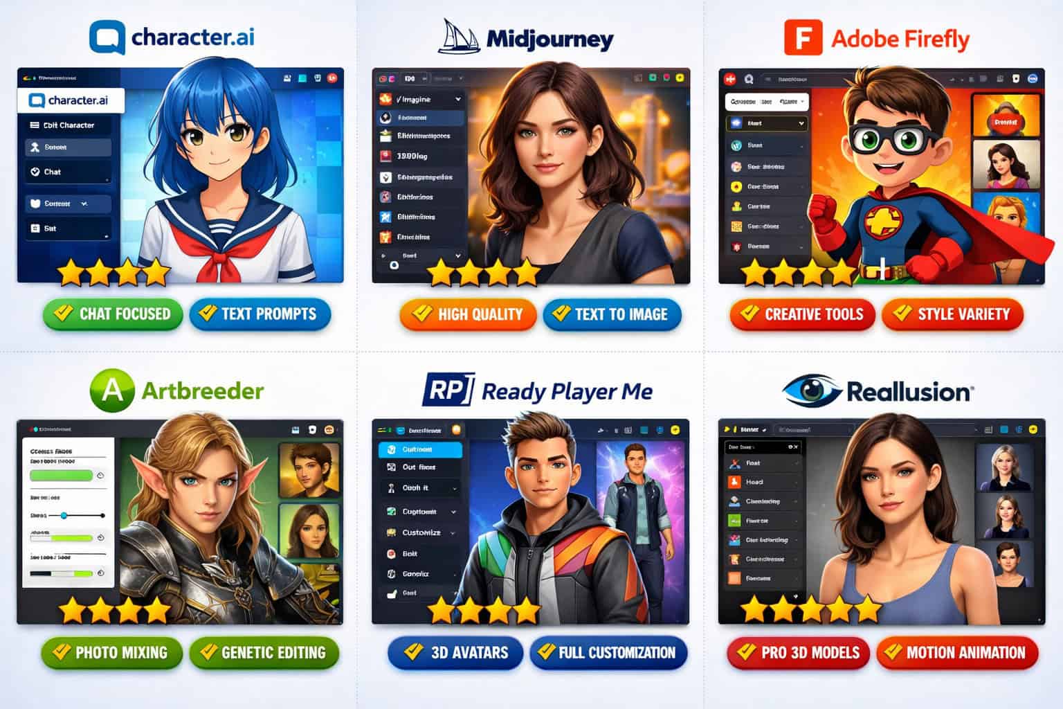 Landscape () flat-lay style comparison grid showing 6 different AI character creation app interfaces side by side: