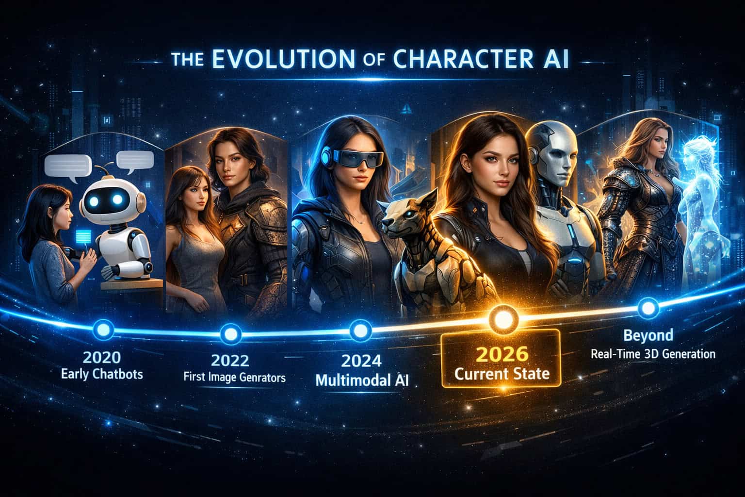 Landscape () futuristic timeline visualization showing evolution of character AI from 2020 to 2026 and beyond, with