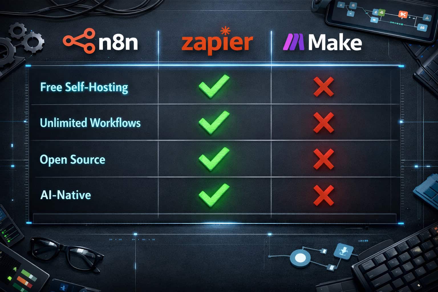 Landscape () overhead flat-lay style comparison table visualization showing n8n versus Zapier versus Make side-by-side on a