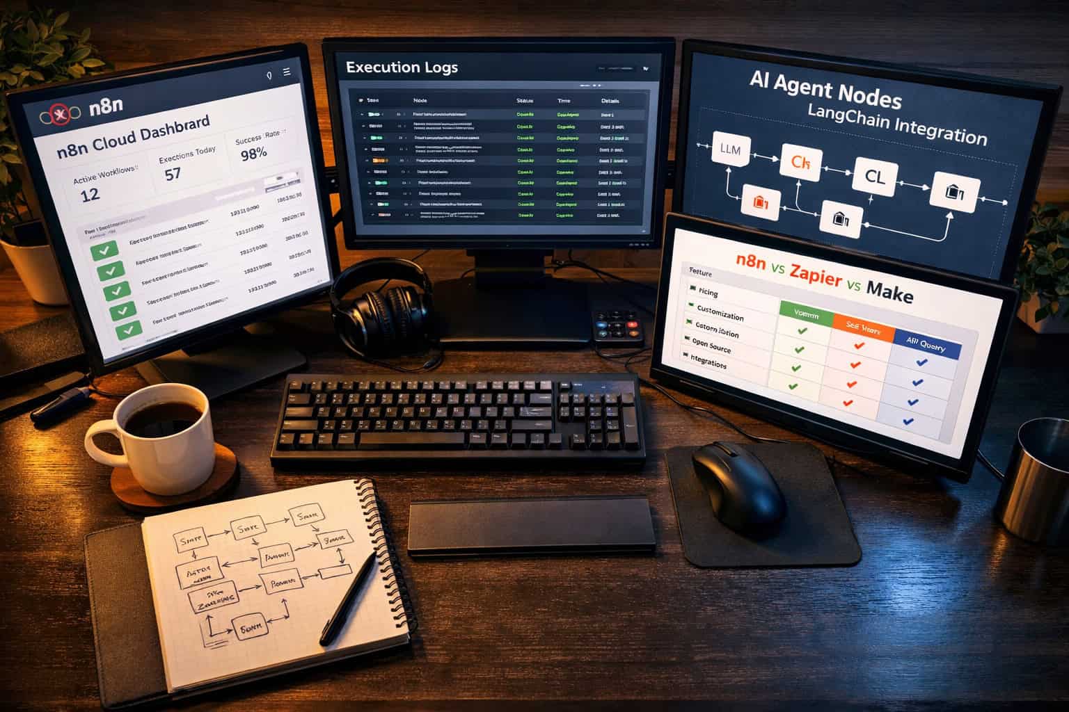 Landscape () overhead view of a developer's desk with multiple monitors showing n8n cloud dashboard, workflow execution