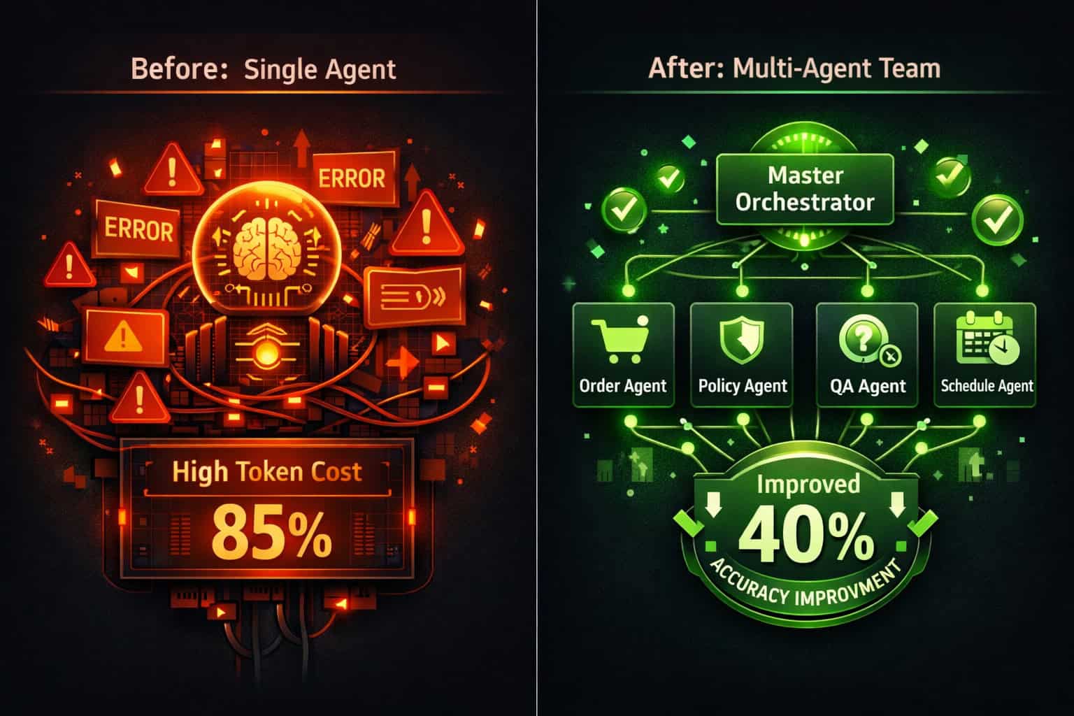 Landscape () split-screen comparison visualization: left side shows a single overloaded AI agent node with red error