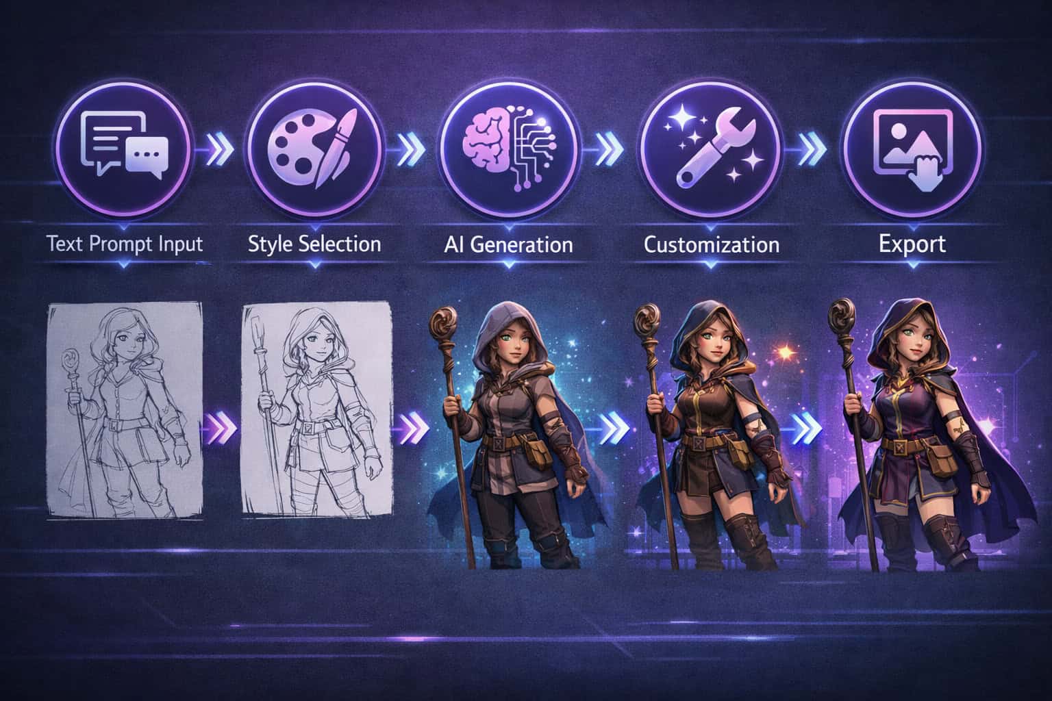 Landscape () step-by-step workflow diagram showing 5 stages of AI character creation: 1-Text Prompt Input, 2-Style