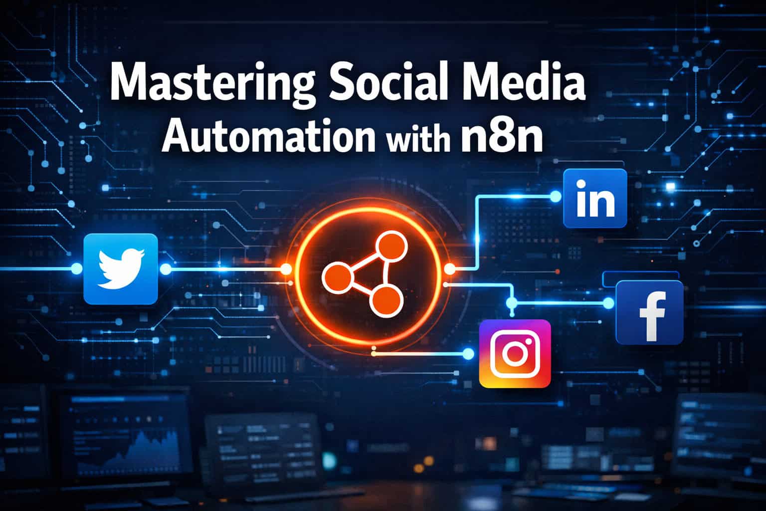 Social media icons connected with automation hub for marketing in 2024.