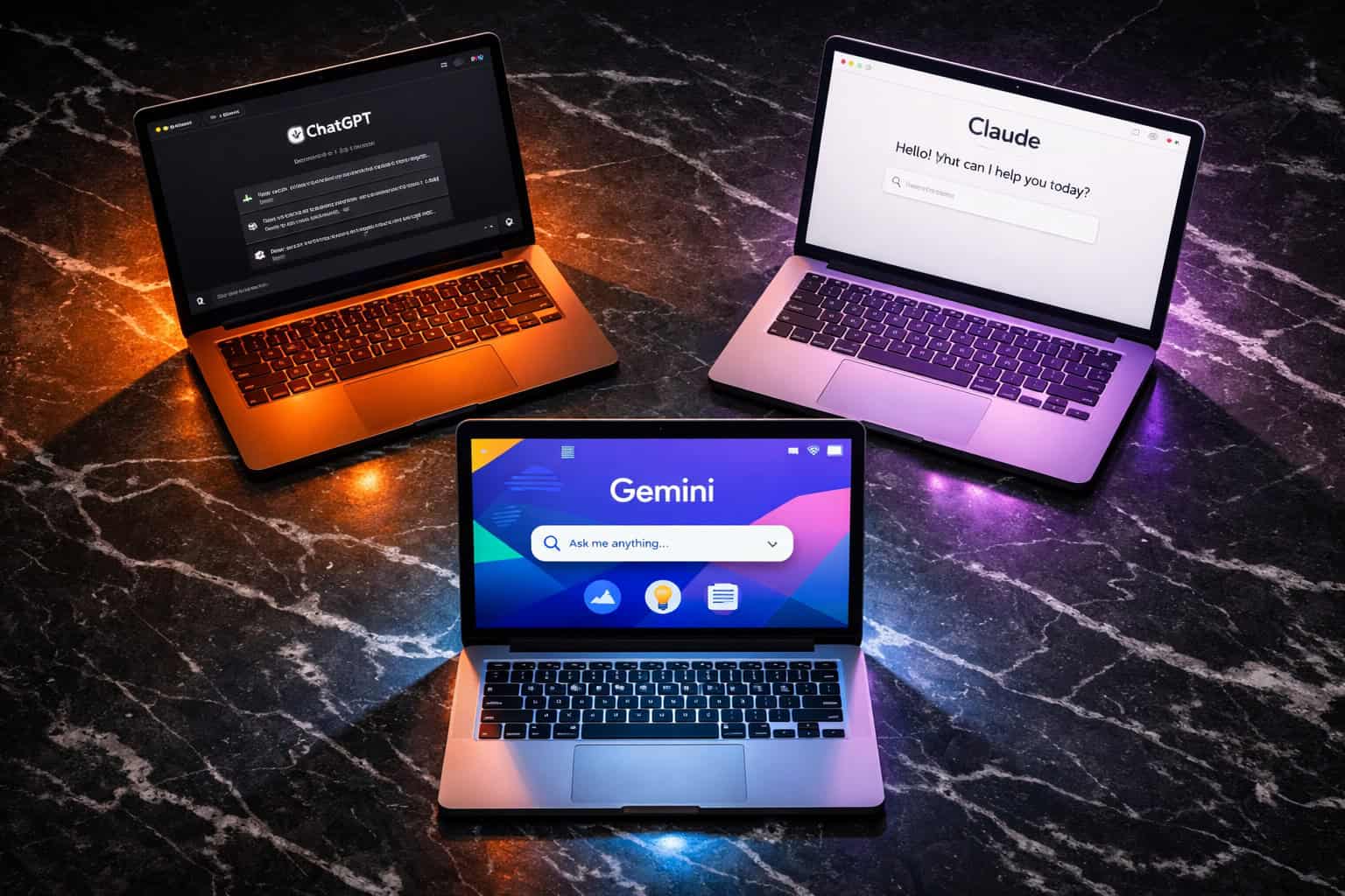 AI laptops with vibrant screens showcasing ChatGPT, Claude, and Gemini for exploring influential AI.
