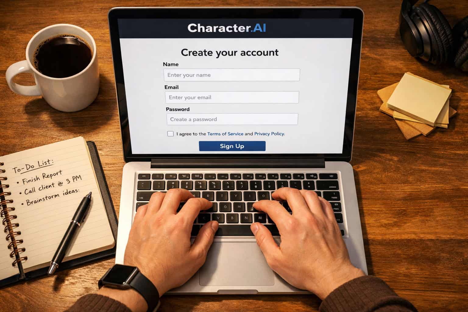 Overhead flat-lay perspective of a person's hands typing on a laptop keyboard with a Character.AI account creation form