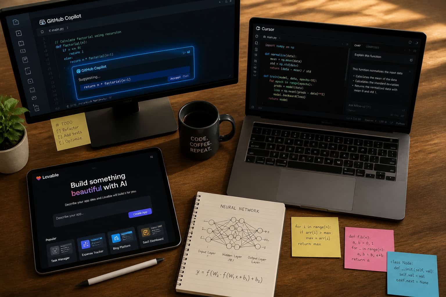 Modern AI coding workspace with monitors, laptop, and notes for tech enthusiasts.