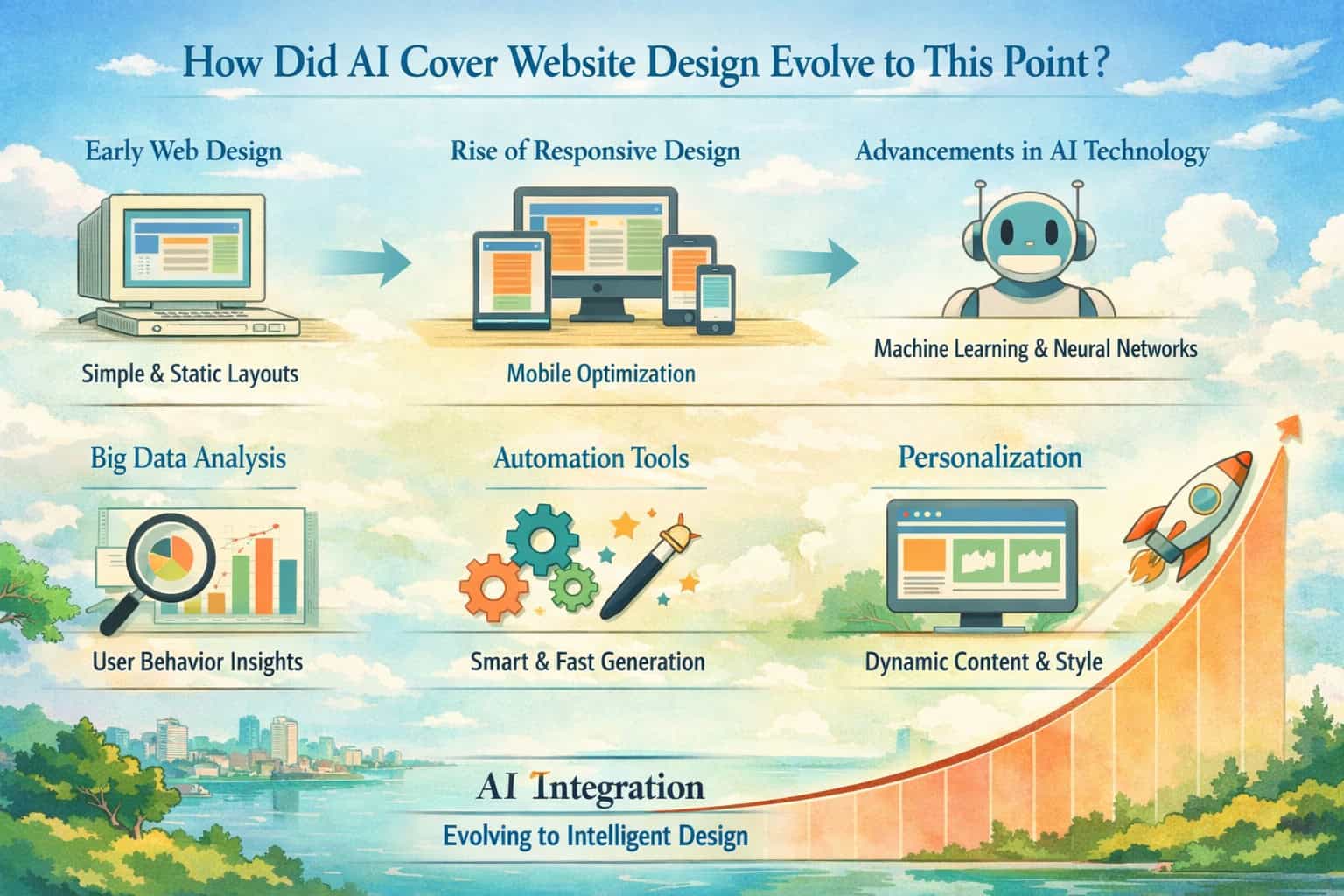 Timeline of AI-driven website design evolution from early web to intelligent automation.
