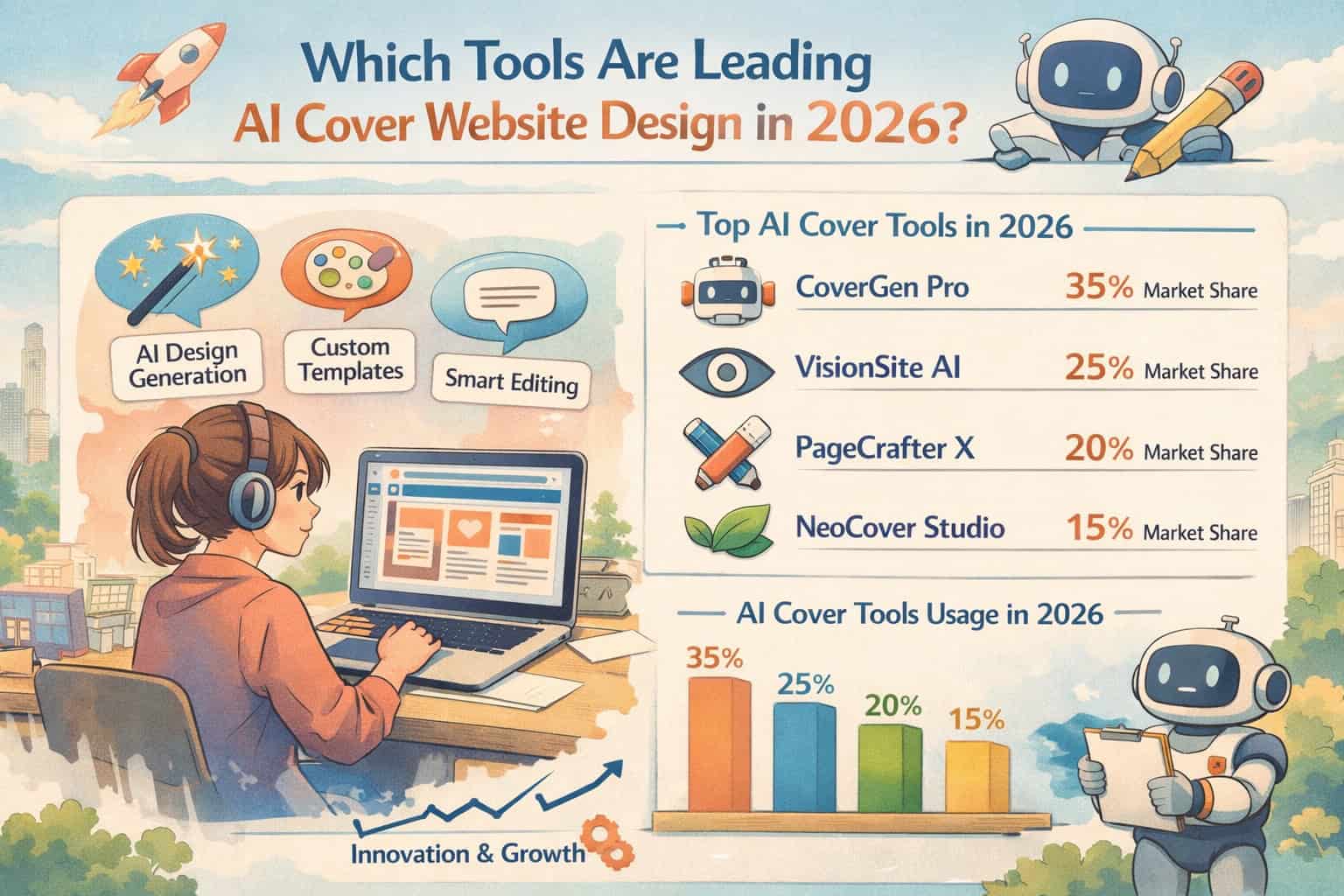 Illustration of AI tools for website design with robots and charts in 2026.