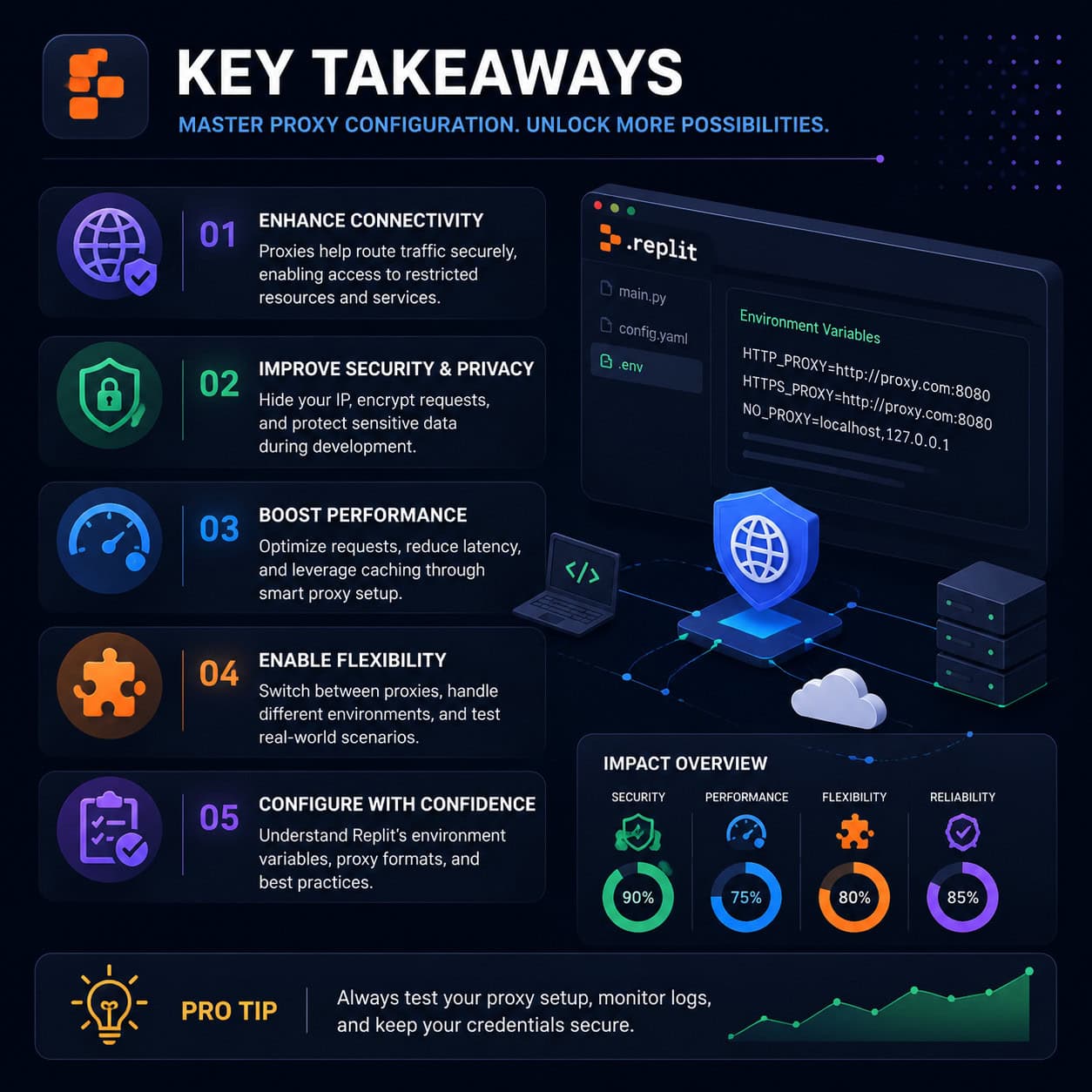 Professional infographic for article "Mastering Proxy Configuration in Replit: A Comprehensive Developer's Guide", section: