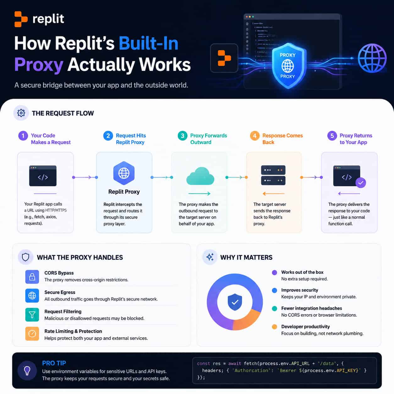 Professional infographic for article "Mastering Proxy Configuration in Replit: A Comprehensive Developer's Guide", section: