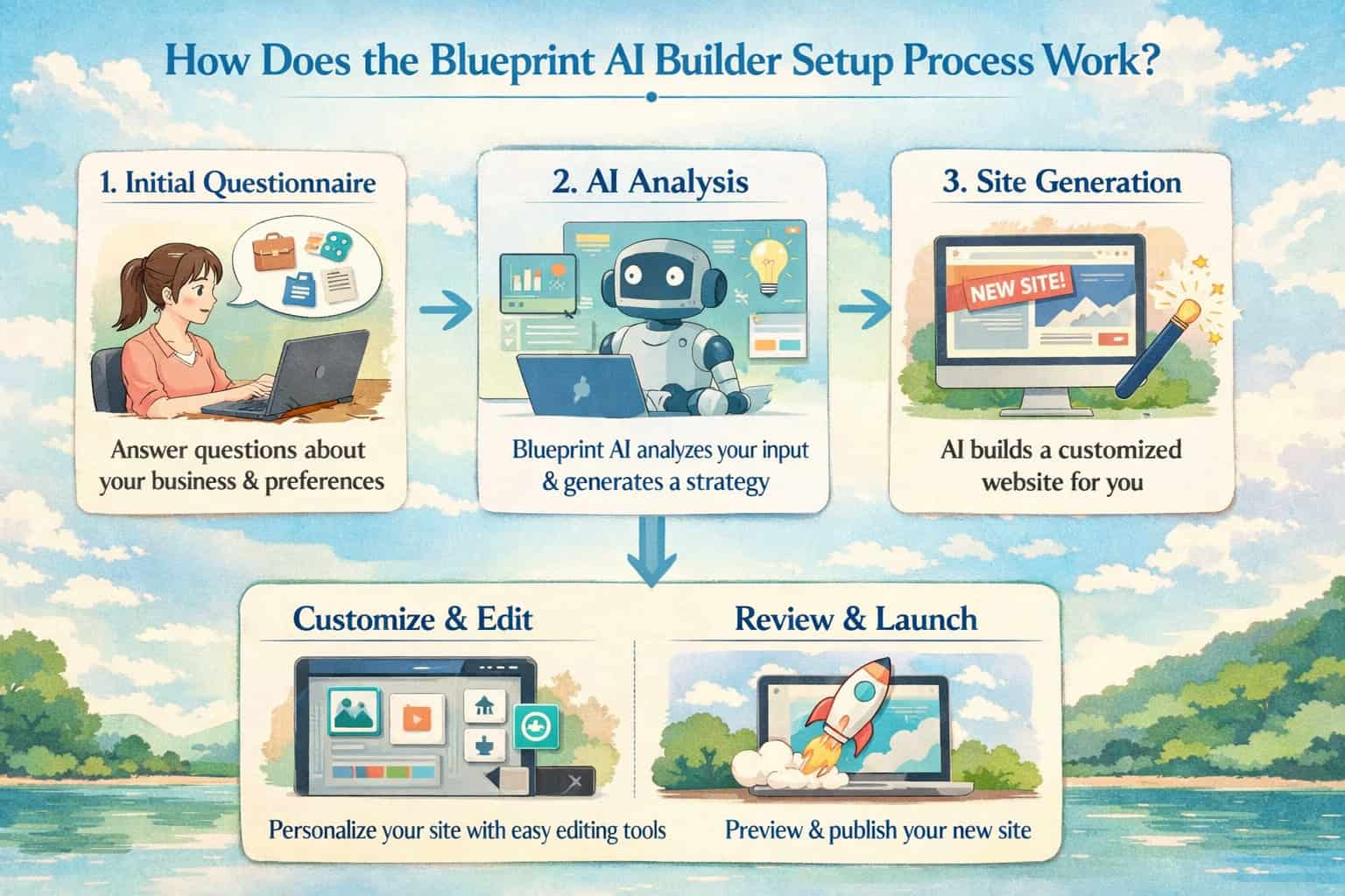 Illustration of Blueprint AI process for website creation, from questionnaire to launch.