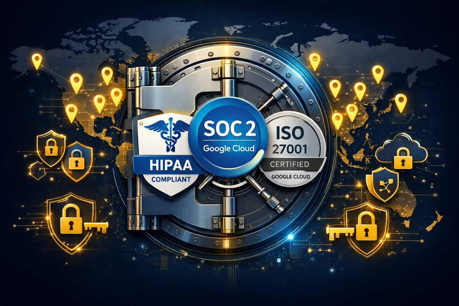 Security-focused enterprise AI illustration: a large digital vault door overlaid with Google Cloud compliance badges (HIPAA,
