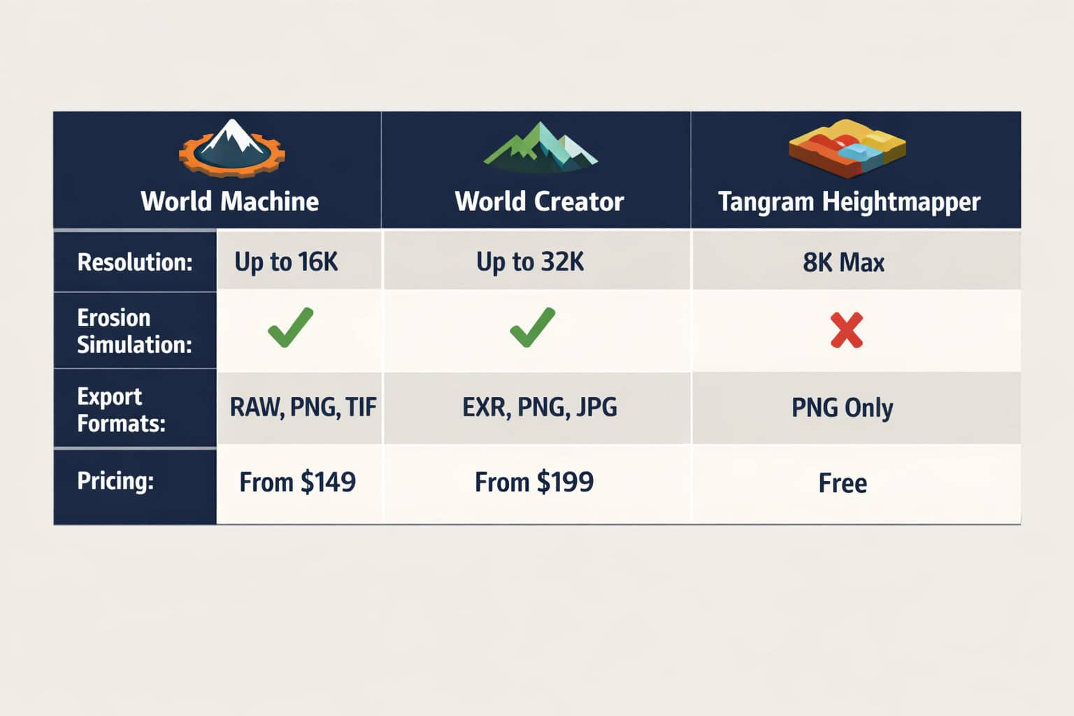 Side-by-side comparison table visualization showing three AI heightmap tools (World Machine, World Creator, Tangram