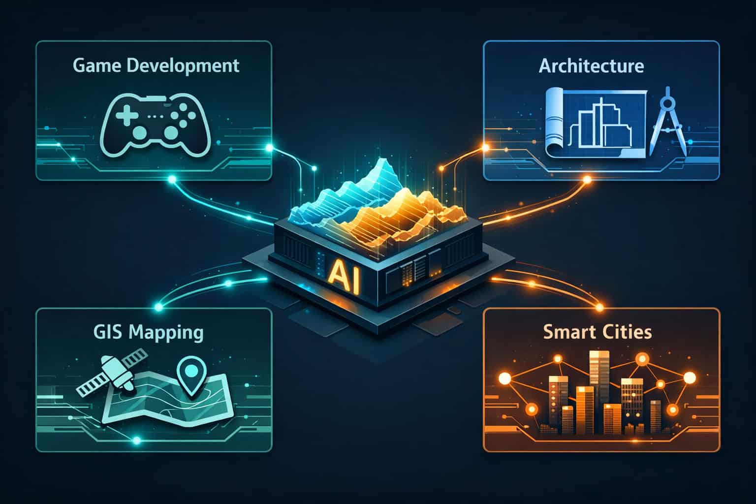 Split-panel infographic illustration showing four industry sectors (game development with controller icon, architecture with