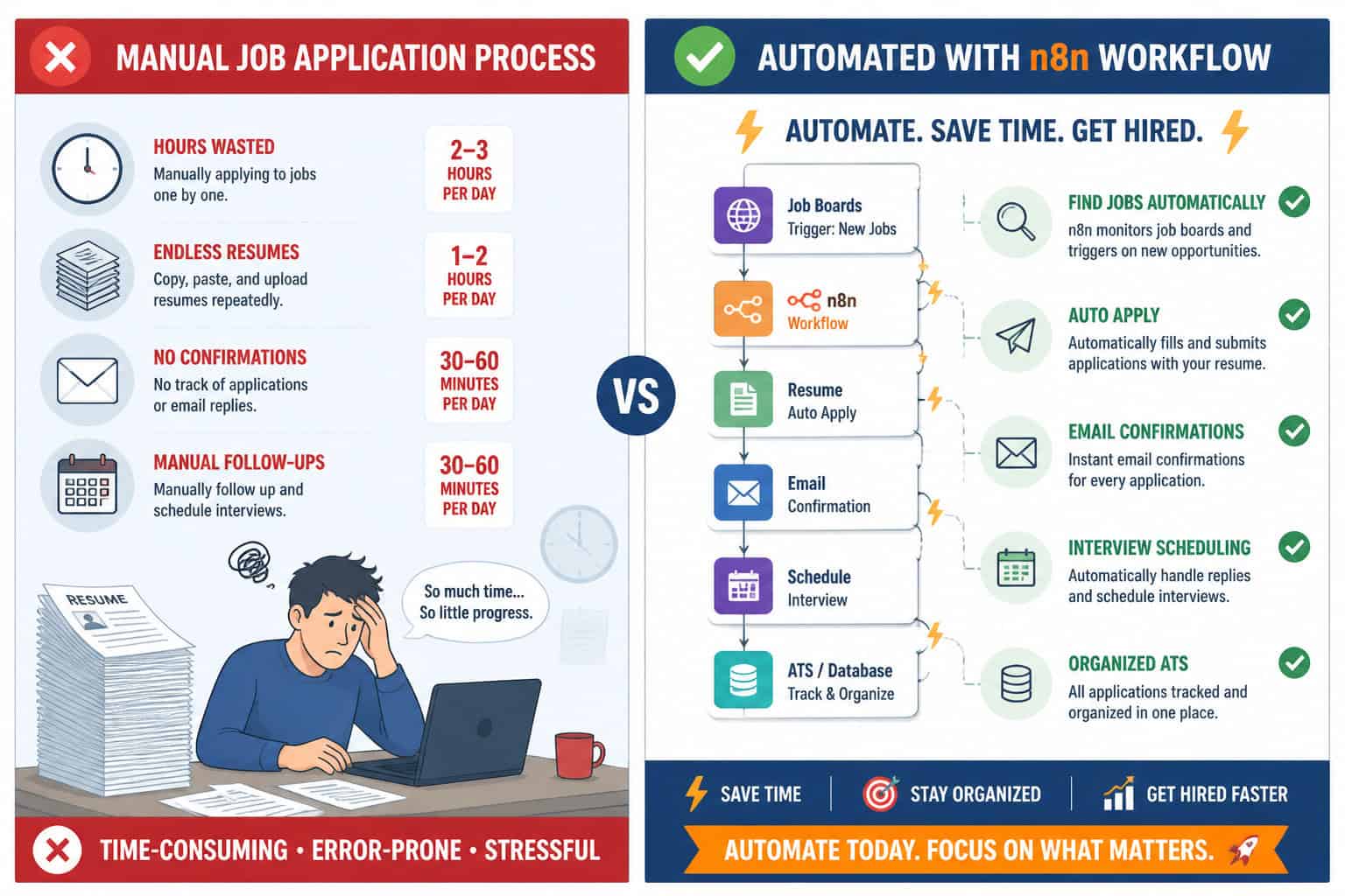 Split-screen comparison graphic showing left panel: manual job application process with red X marks, clock icons showing