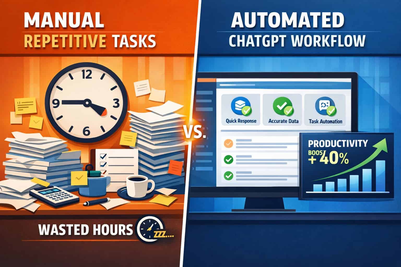 Split-screen comparison infographic showing left side: manual repetitive tasks (cluttered desk, paper stacks, clock showing