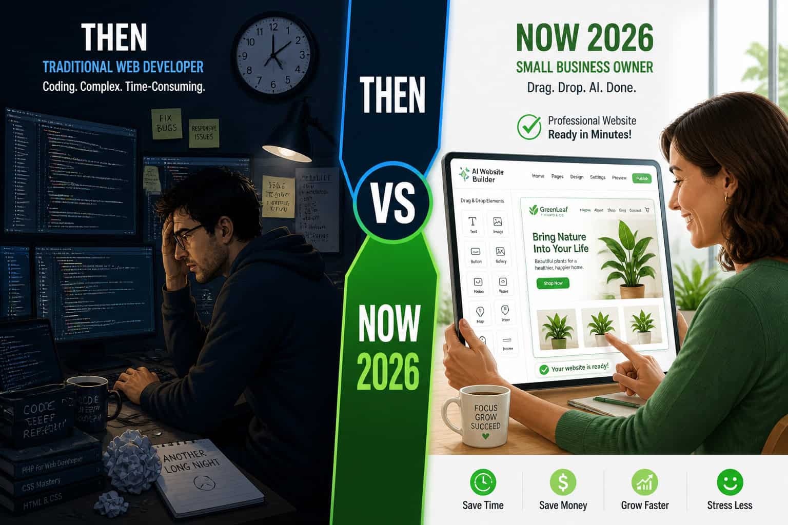 Comparison of traditional web developer work vs no-code AI website builder.