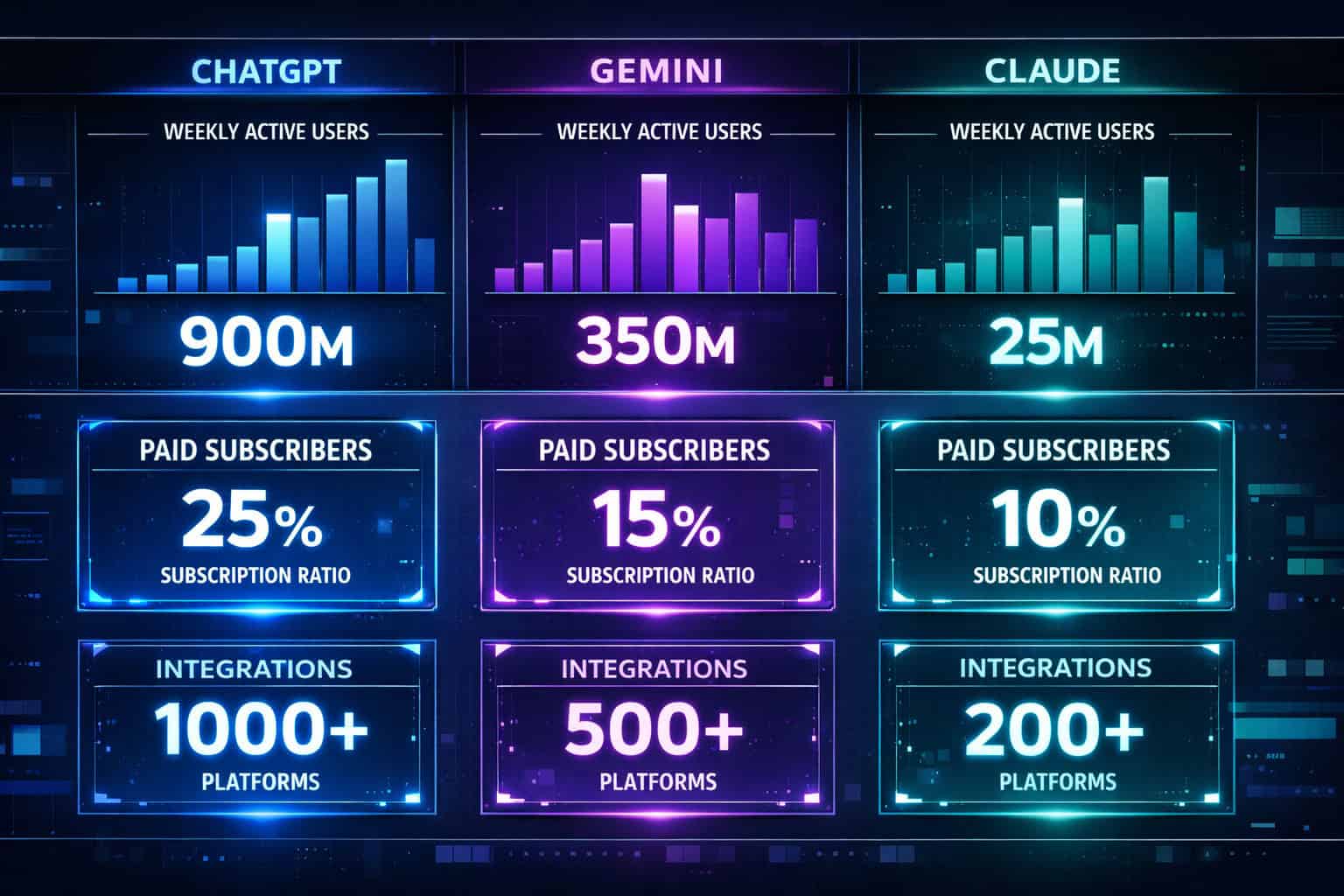 ChatGPT, Gemini, Claude user stats infographic showing active users and platform integrations.