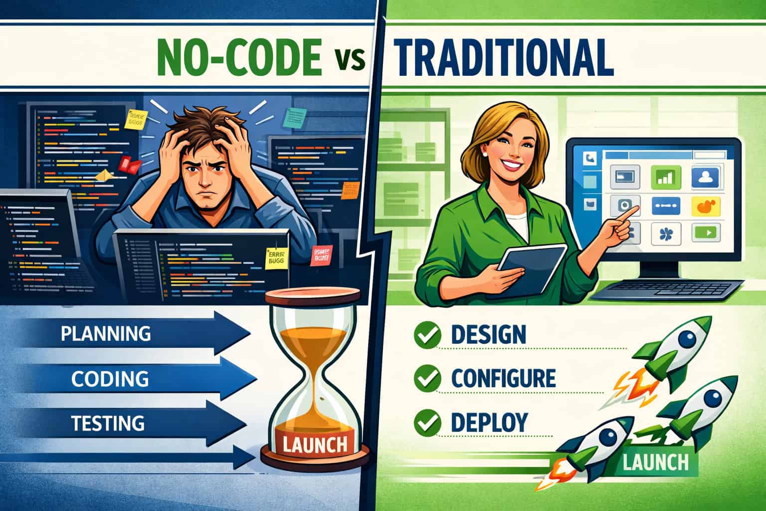 Split-screen comparison visualization showing traditional software development on left (complex code editor, stressed