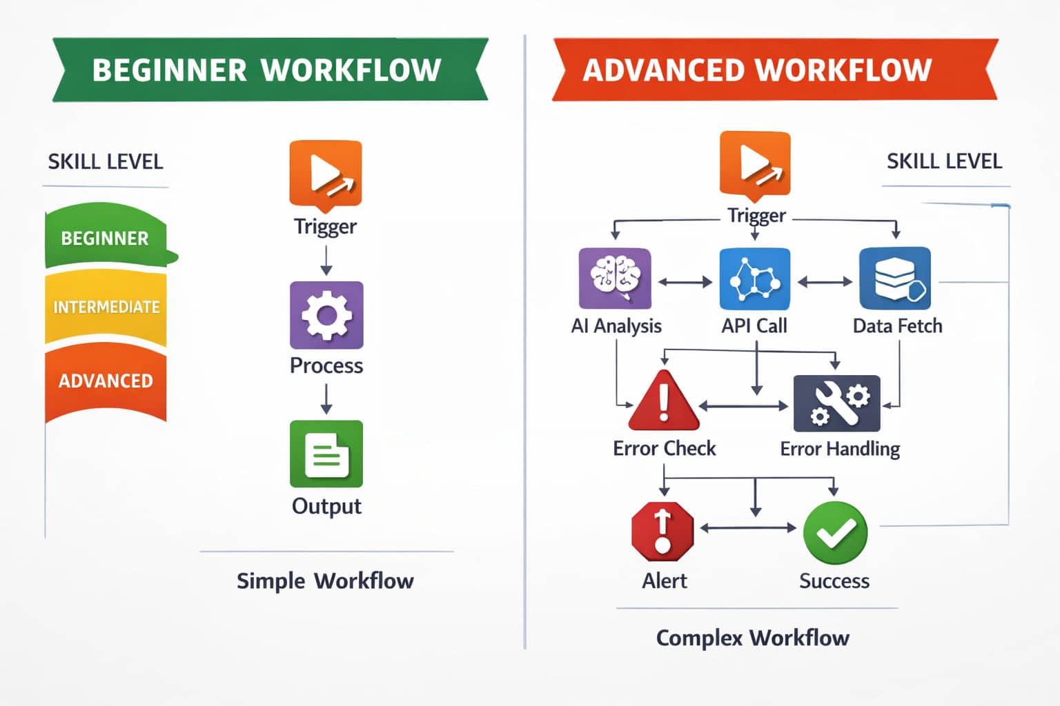 Split-screen infographic illustration showing left side: a beginner n8n workflow with 3 simple nodes labeled 'Trigger,