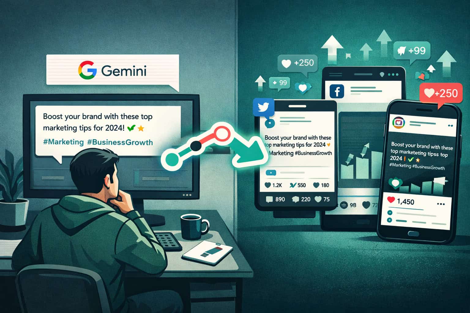 Split-screen landscape illustration: left side shows a marketer at a desk reviewing an AI-generated social media caption on