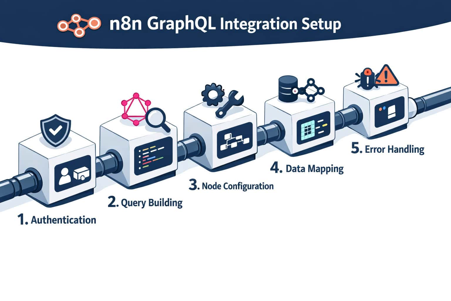 Step-by-step numbered workflow checklist visual showing five stages of n8n GraphQL integration setup: authentication, query