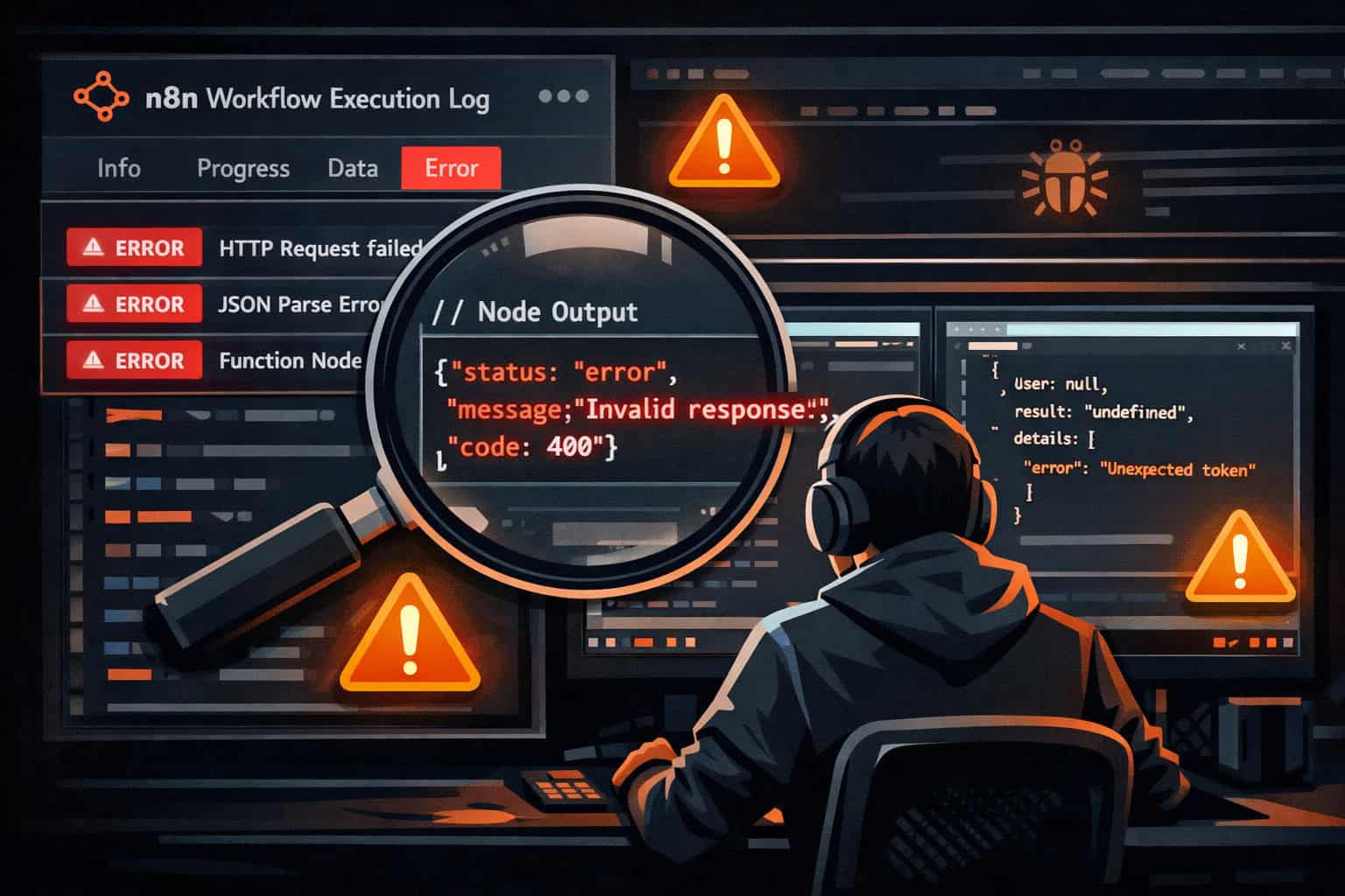 Troubleshooting and debugging scene showing n8n workflow execution log panel with error messages highlighted in red, a
