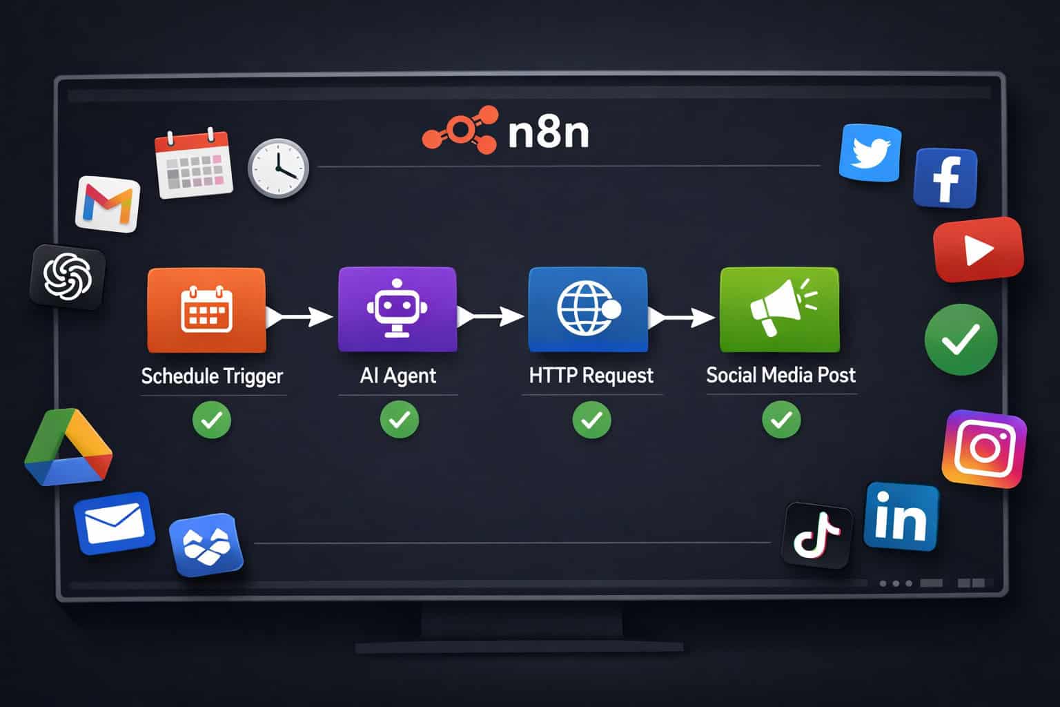Wide-angle flat-lay illustration of an n8n workflow canvas on a dark monitor screen showing interconnected nodes labeled