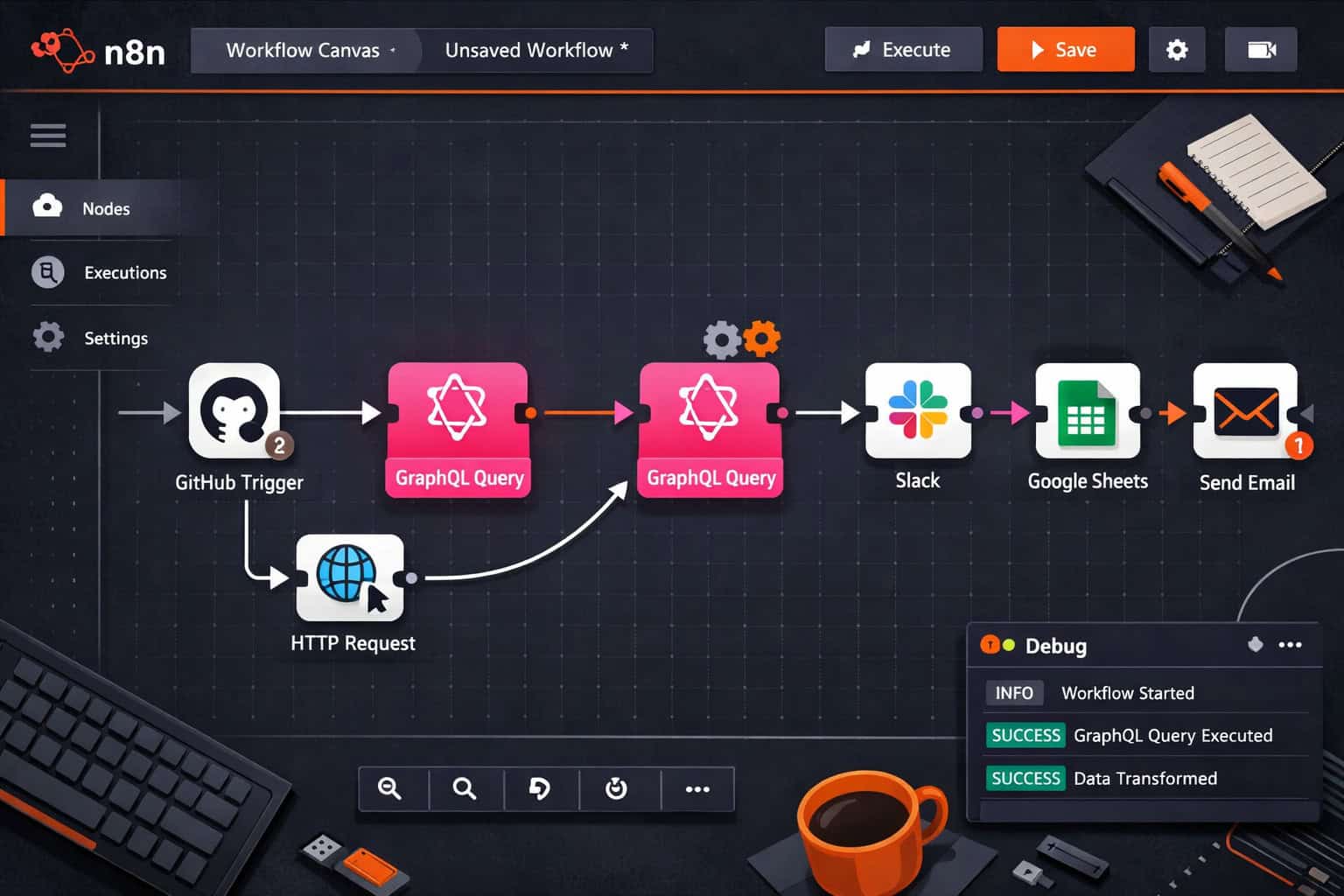 Wide-angle flat-lay illustration of n8n visual workflow canvas interface showing interconnected nodes in a graph-based