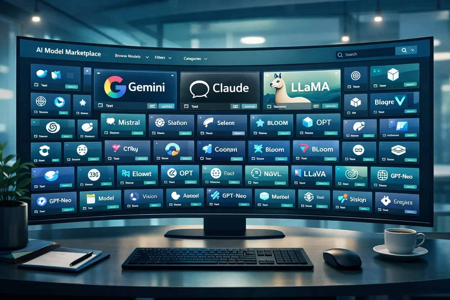 Wide-angle illustration of a unified AI model marketplace dashboard showing 150+ foundation model cards arranged in a grid —