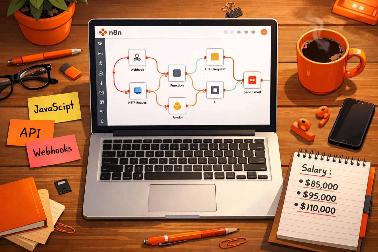 Wide-angle overhead shot of a developer's desk with laptop showing n8n workflow automation canvas with colorful connected