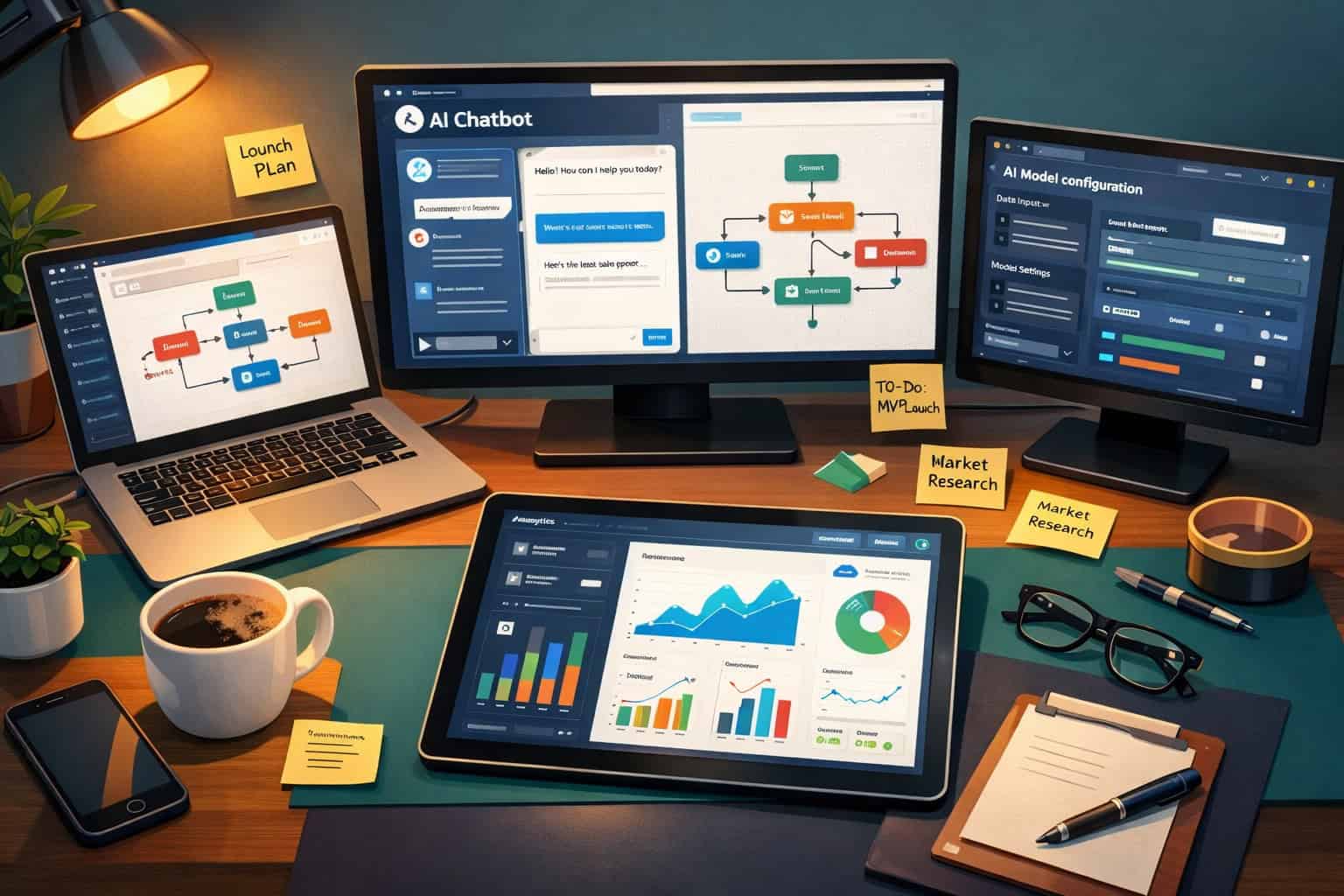 Wide-angle overhead shot of a modern entrepreneur's desk with multiple screens displaying no-code AI platform interfaces
