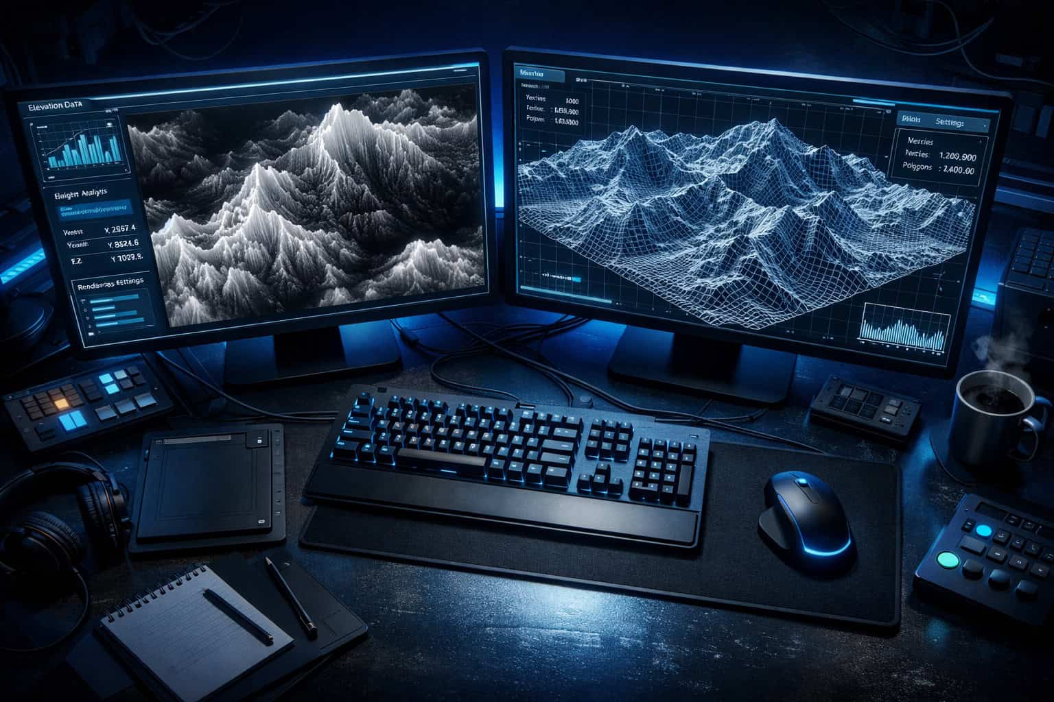Wide-angle overhead view of a computer workstation with dual monitors: one screen showing a grayscale heightmap with