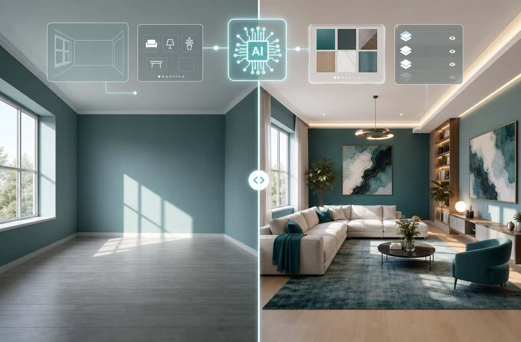 Wide-angle () showing a split-screen comparison: left side a plain empty room with bare walls and no furniture, right side