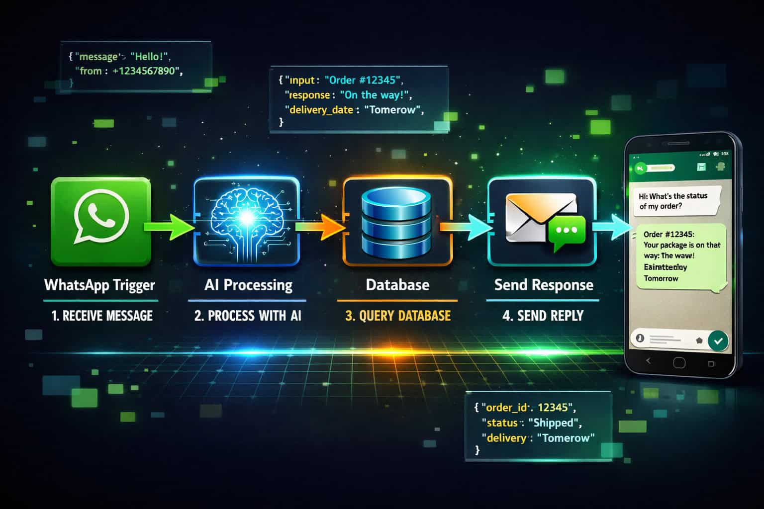Wide () concept illustration showing N8N workflow canvas with connected nodes: WhatsApp trigger node (green phone icon), AI