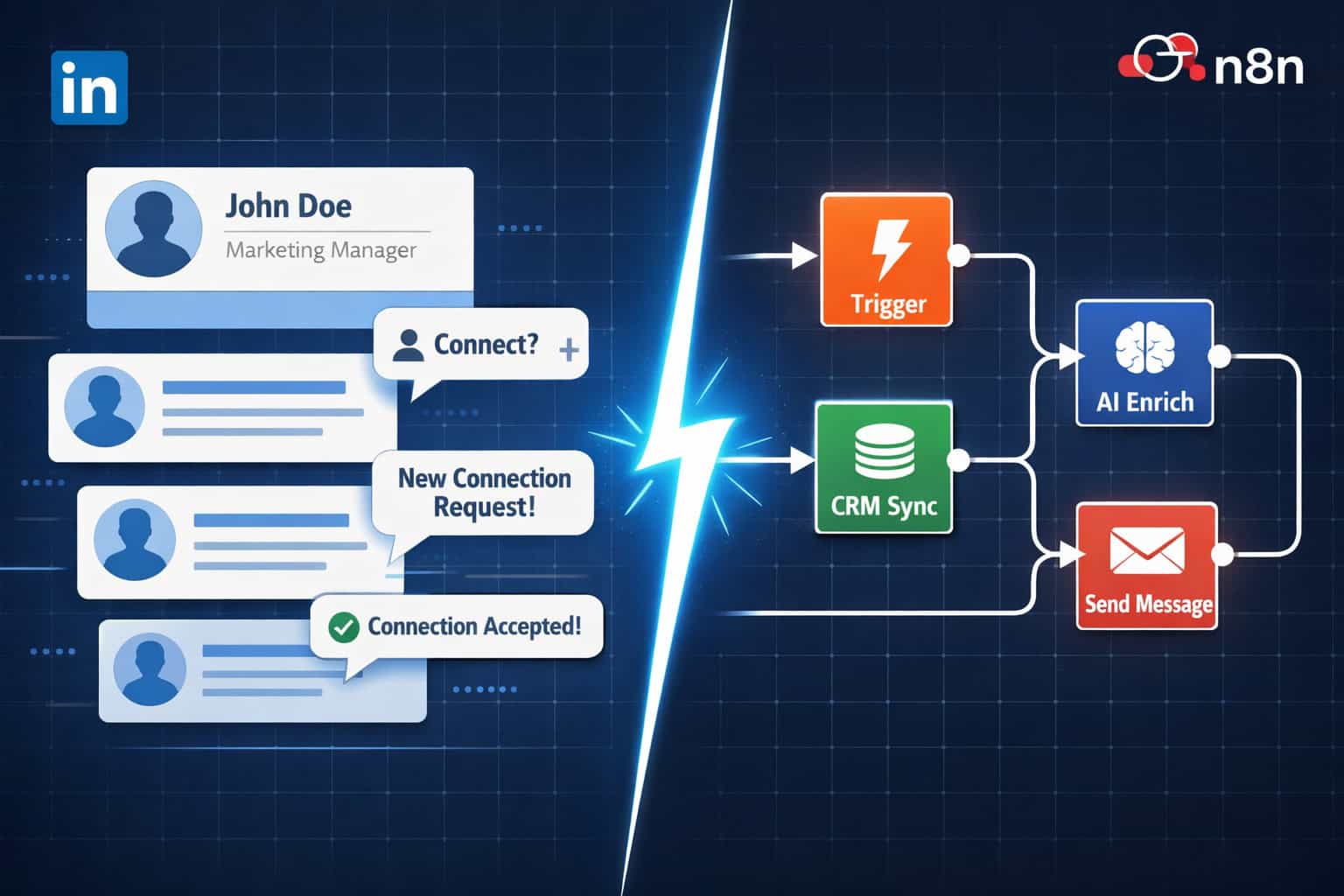 Wide () concept illustration showing a split-screen view: left side displays LinkedIn profile cards and connection request