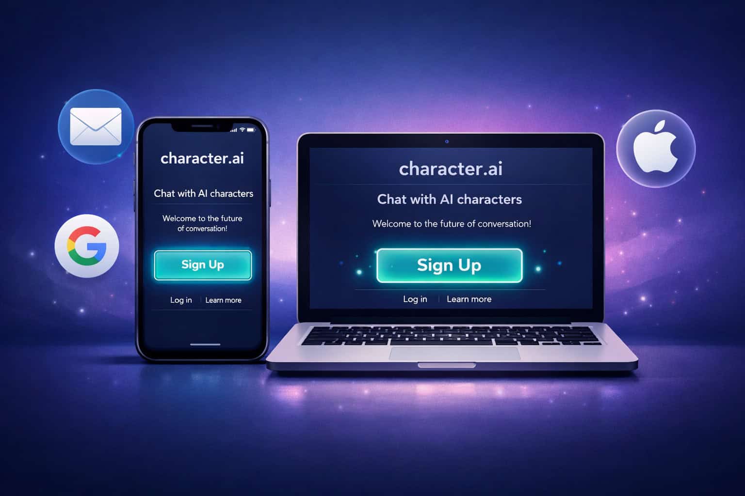 Wide landscape illustration showing a smartphone and laptop side by side displaying the Character.AI homepage with a glowing
