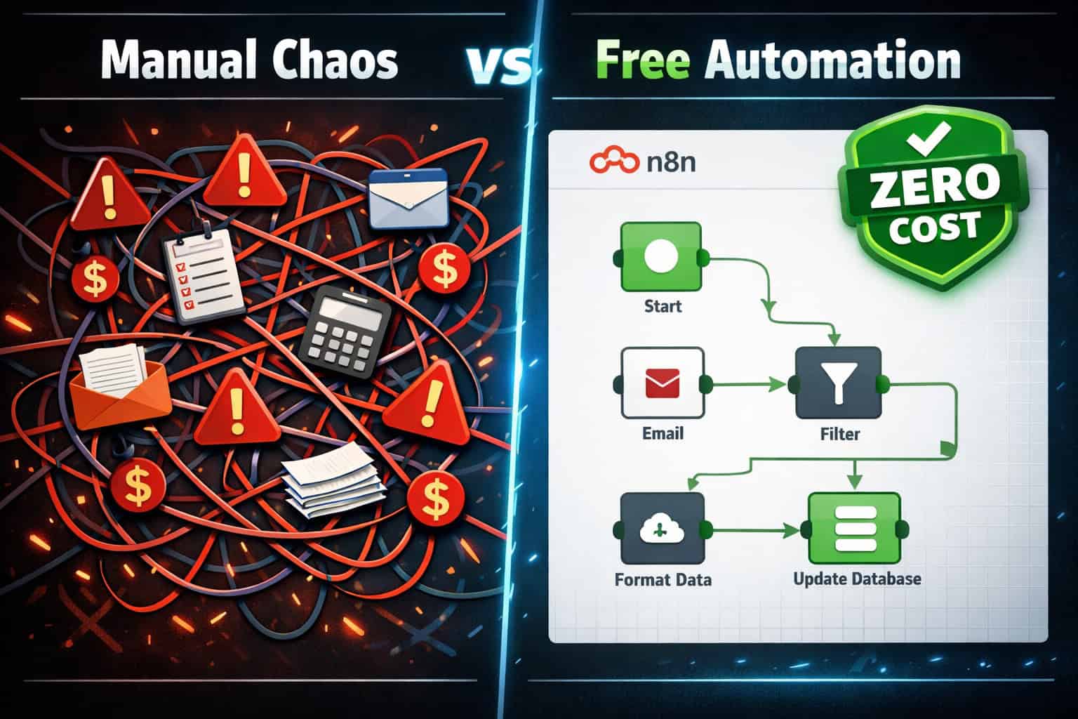 Wide landscape () illustration showing a split-screen comparison: left side shows a complex tangled web of manual tasks with