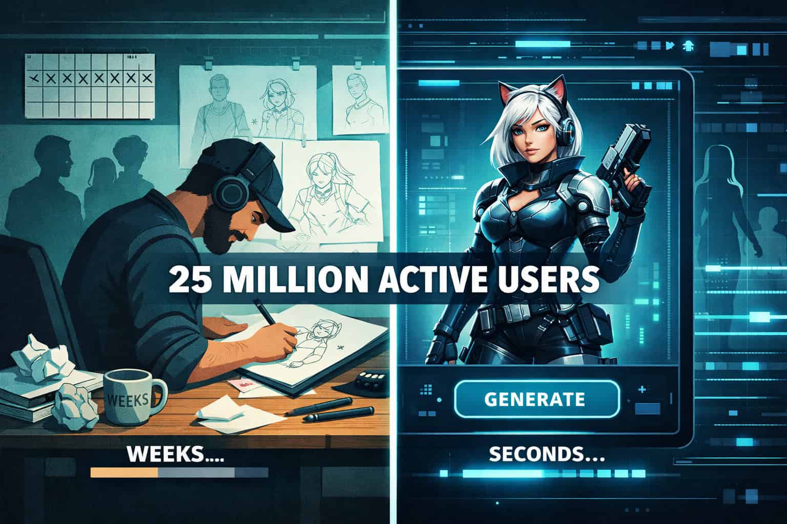 Wide landscape () split-screen illustration showing left side: a designer sketching a character on paper taking weeks, right