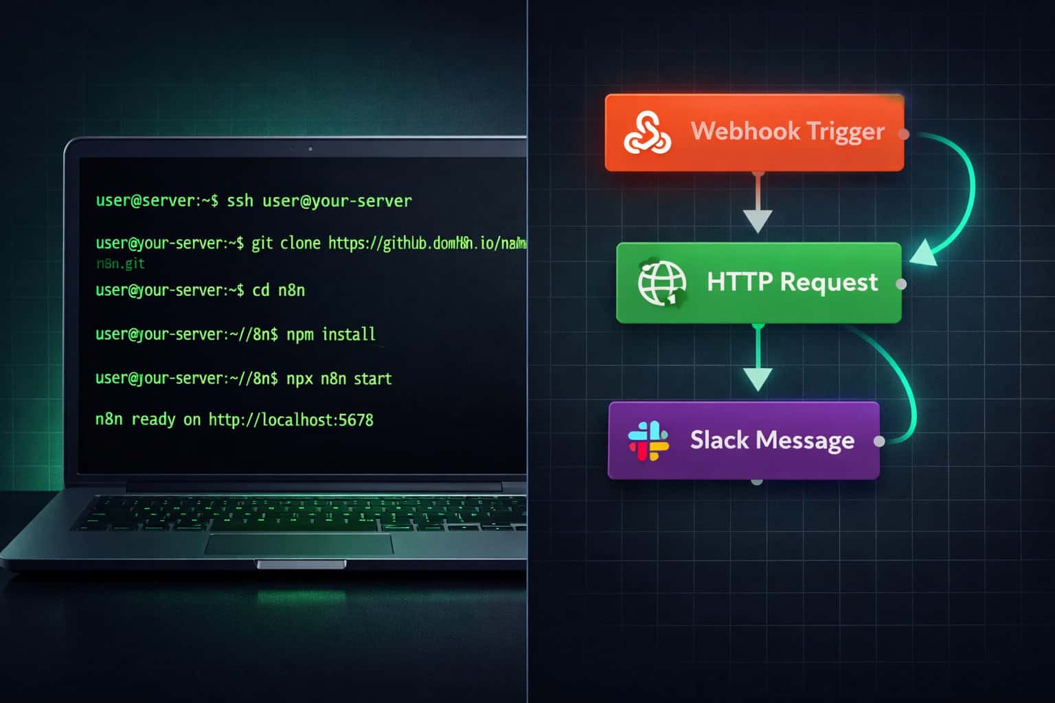 Wide landscape () split-screen illustration showing left side: n8n self-hosted installation on a laptop terminal with green