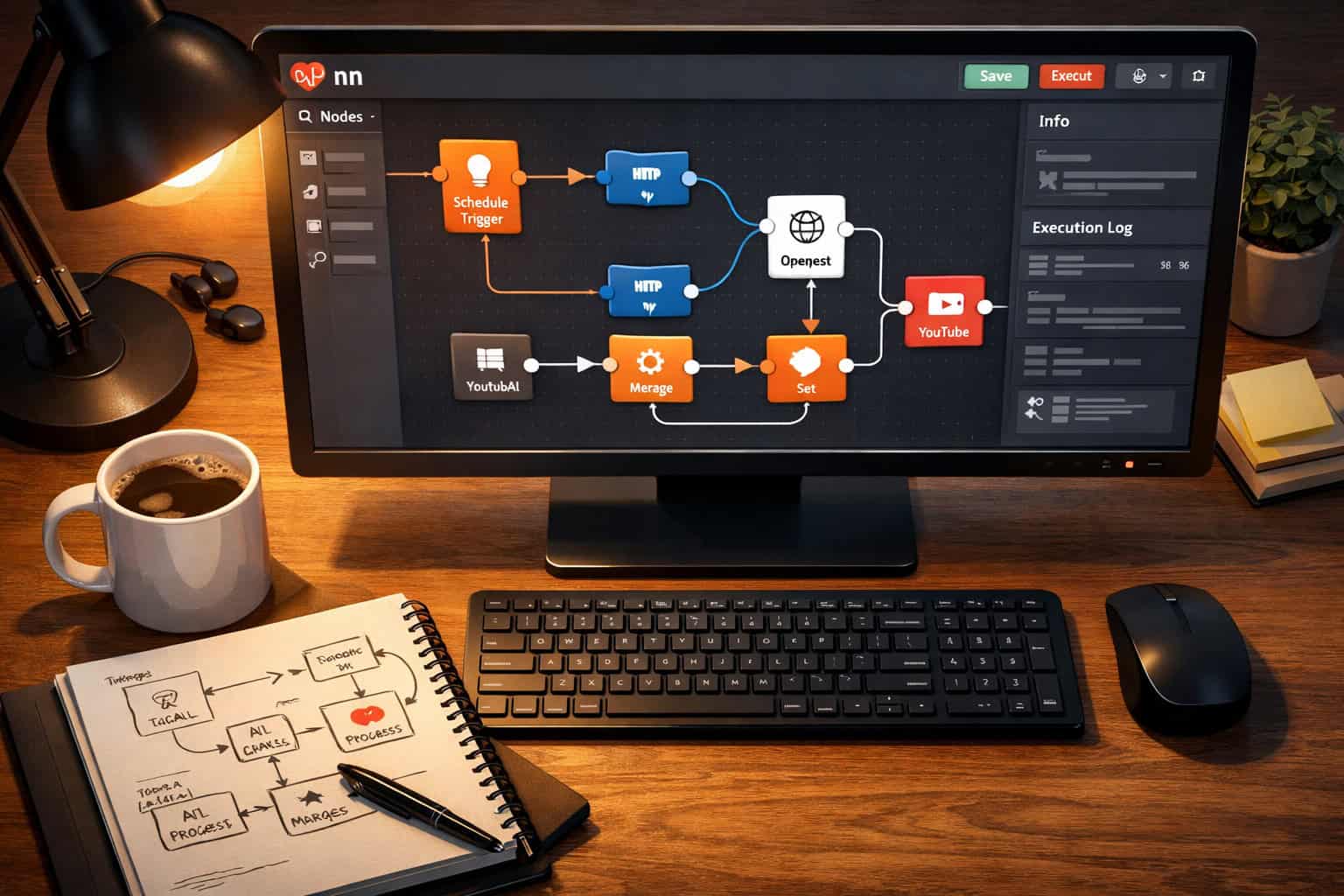 Wide () showing an overhead bird's-eye view of a developer's desk with a large monitor displaying the N8N workflow canvas