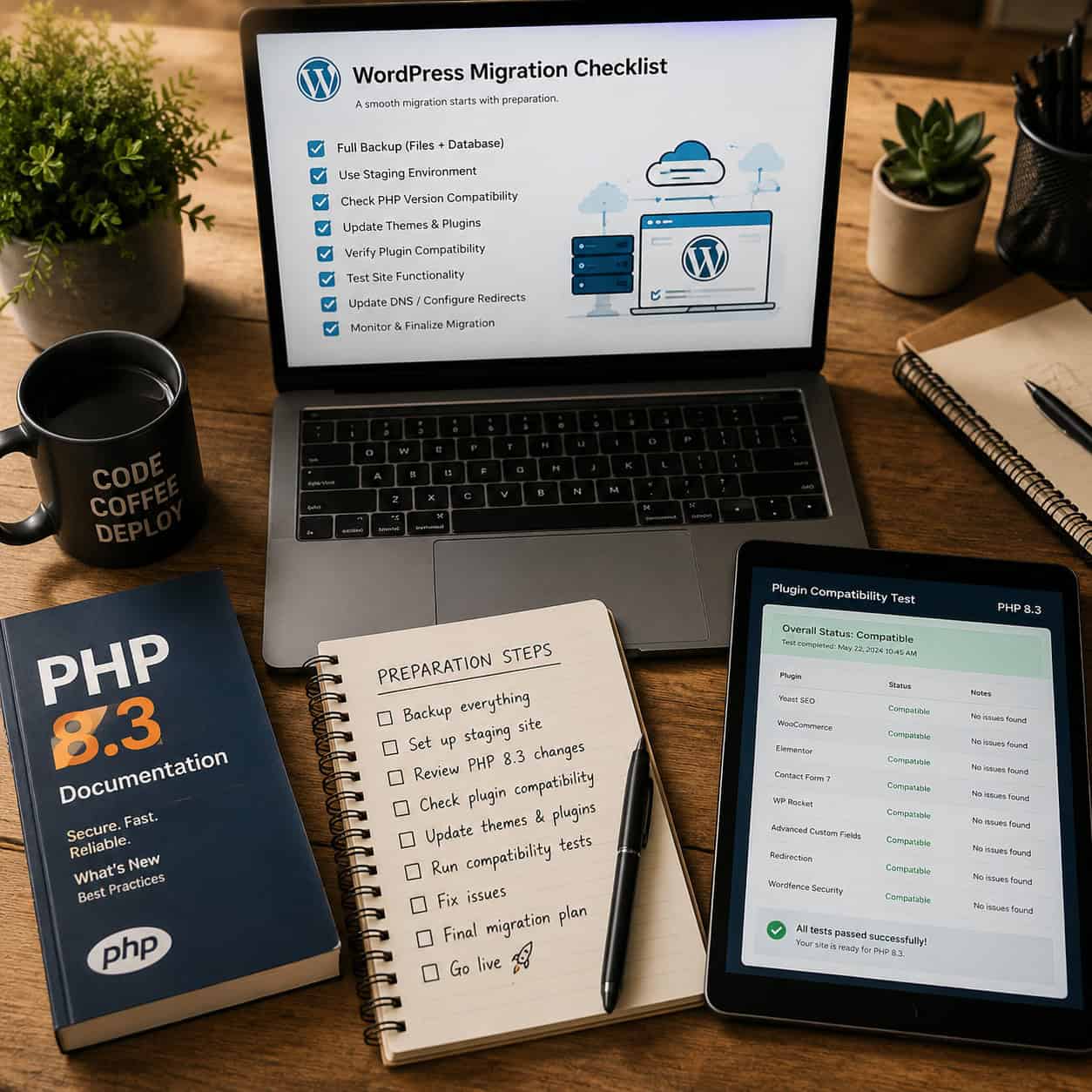 () bird's eye view of a developer's desk with laptop showing WordPress migration checklist, notebook with handwritten