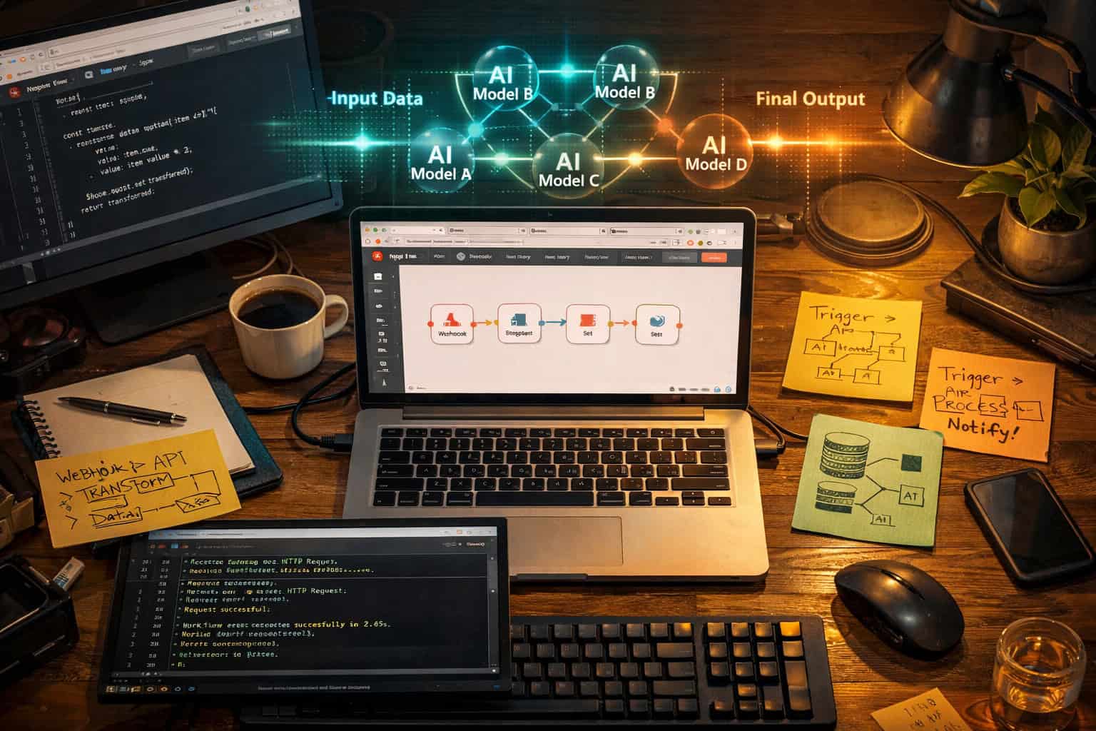 () bird's-eye view of a developer's workstation showing an n8n workflow optimization session: multiple browser tabs open