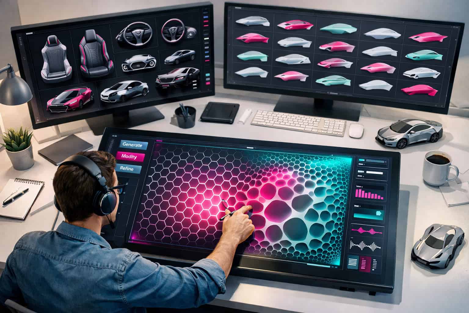 () bird's-eye view of a modern design studio where a designer interacts with an AI-powered interface generating parametric