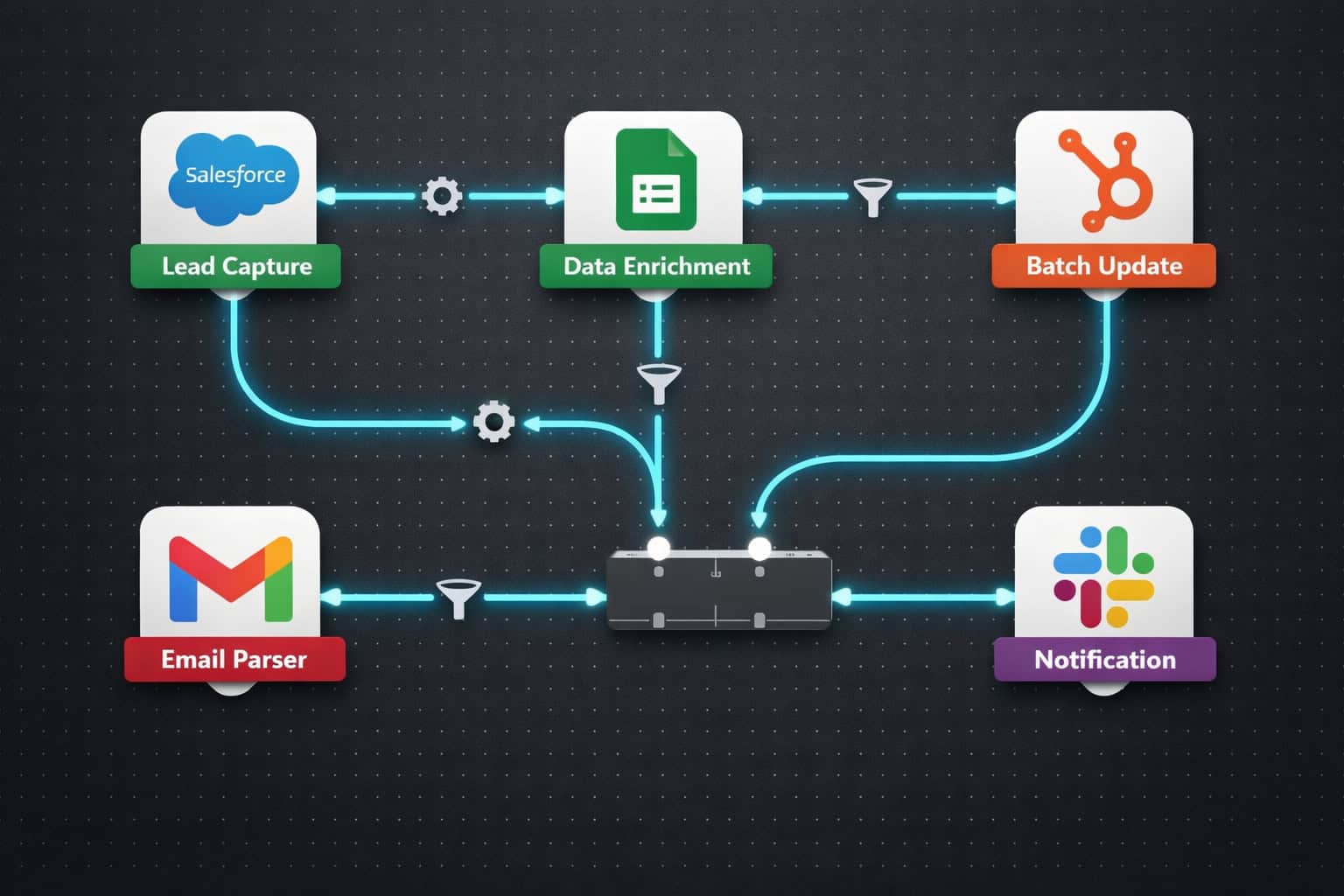 () close-up bird's-eye view of an n8n workflow canvas showing interconnected nodes for Salesforce, Google Sheets, Gmail,