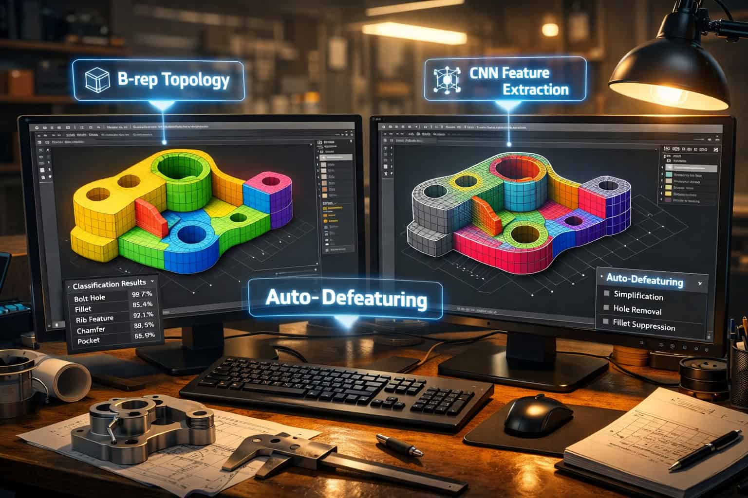 () close-up of a CAD engineering workstation with dual monitors showing 3D mechanical part models being automatically