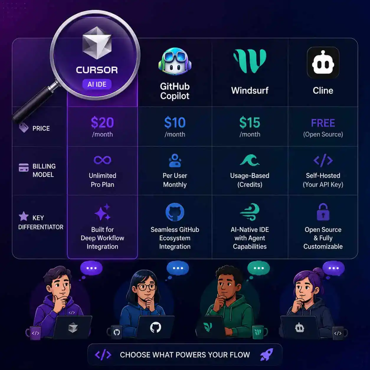 () comparison chart illustration showing Cursor AI IDE versus three competitors (GitHub Copilot, Windsurf, Cline) arranged