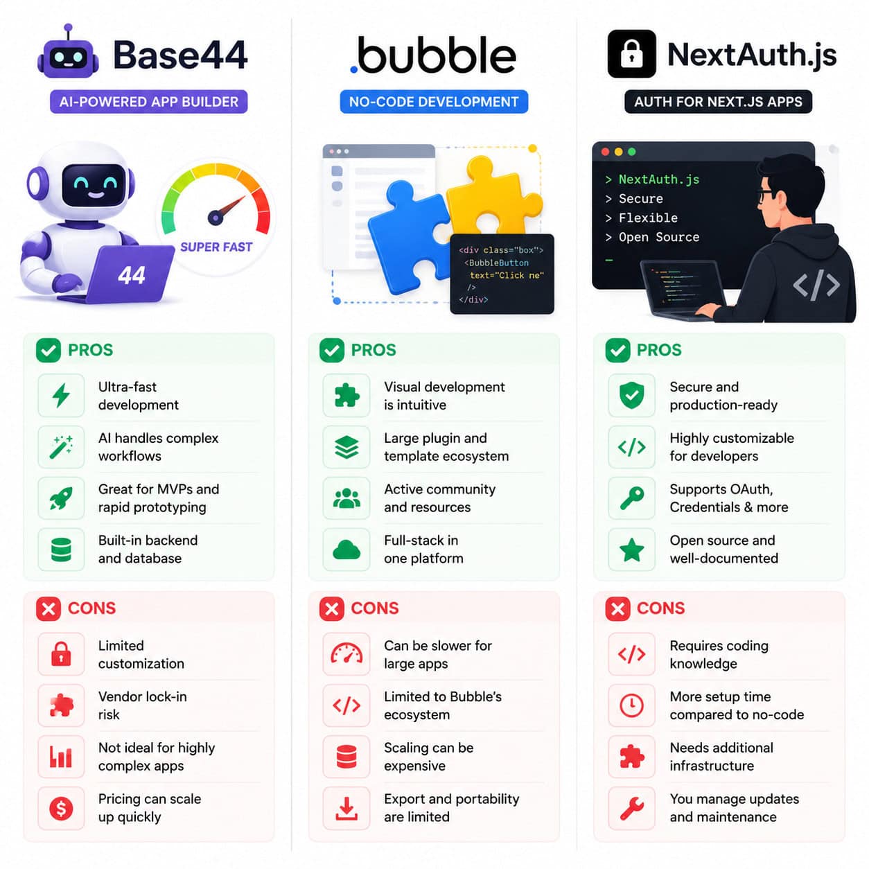 () comparison infographic showing three columns: Base44 (with AI robot icon and speed gauge), Bubble (with puzzle pieces and