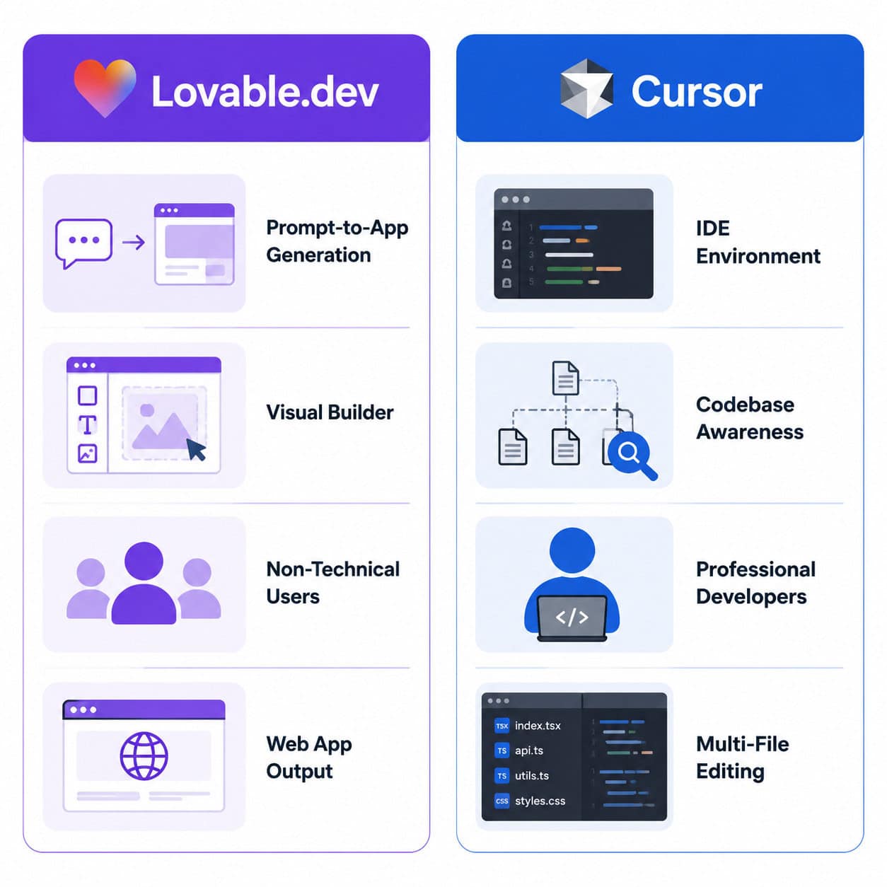 () comparison infographic showing two columns side by side. Left column labeled 'Lovable.dev' with icons representing: