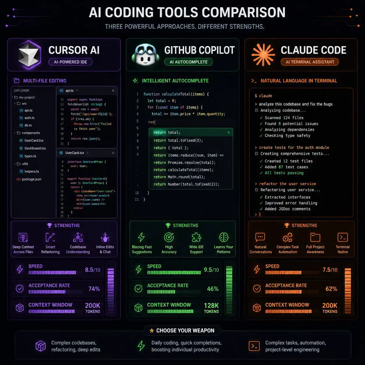 () comparison visualization showing three AI coding tools as distinct columns: Cursor AI represented by a multi-file editing